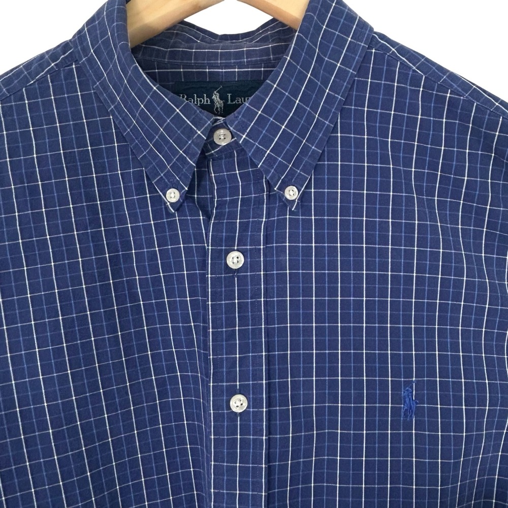 VTG Ralph Lauren Blake Button-Up Mens XL Blue Pony Cotton Windowpane Long Sleeve